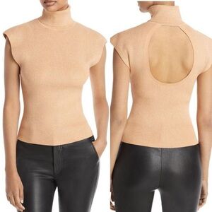 A.L.C. Amara Top Tan Metallic Ribbed Knit Open Back SleevelessTurtleneck Sz S